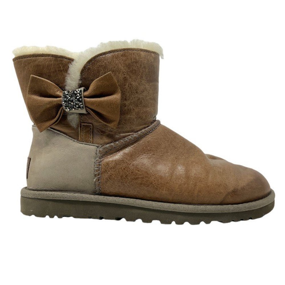 Women's sz 5 UGG boots mini bailey bow brown winter shoes bow gems